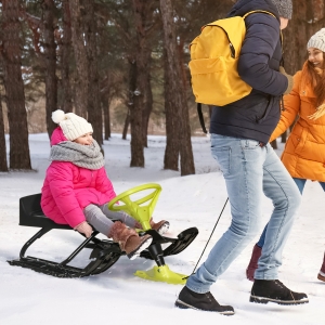 Outsunny Kids Snow Sled, Ski Sled Slider Board, Racer Snowmobile, with Foot Break, Pull Rope, Steering Wheel, for Downhill and Uphill, Age 5 & up, Gift for Boys & Girls