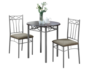 Monarch 3-Piece Modern 30" Round Wood Grain-Look Top Grey Metal Frame Table and Padded Chairs Dining Bistro Set - Cappuccino Brown Finish