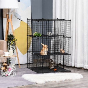 PawHut 3-Tier Small Animal Cage Bunny Hutch Portable Metal Wire with Ramps for Kitten Chinchilla, Black