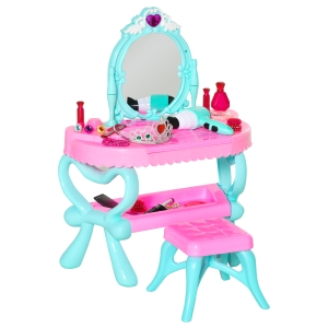 Qaba 2 In 1 Musical Piano Kids Dressing Table Set w/ Light, Magic Princess Mirror
