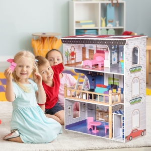 Qaba 13 PCS Kids 3-Story Dollhouse, Dreamhouse Villa, for Toddler, Little Girls, Multi-level House, with Elevator, Furniture Accessories Kit, for 3-6 Years Old, Pink