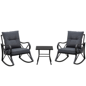 Outsunny 3-Piece Outdoor Rocking Coffee Table Chair Set with Curved Base, Soft Cushions, & Aluminum Frame, Black