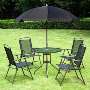 Outsunny 6pc Outdoor Patio Umbrella Set Garden Bistro Yard Furniture Dining Table Folding Chairs Aluminum Black