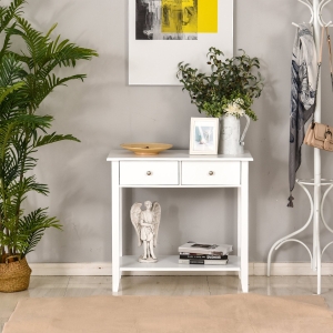 HOMCOM Wooden Console Table with 2 Drawers and 1 Storage Shelf for Living Room Entryway, White