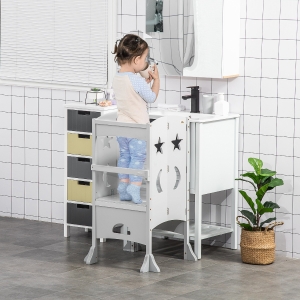 Qaba Kids Kitchen Helper Foldable Step Stool Toddler Kitchen Stool Learning Tower with Blackboard Lockable Handrail for 3-6 Years old Grey
