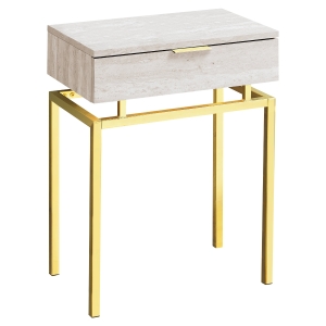 Monarch 24" Contemporary End Table Night Stand with Large Storage Drawer and Metal Base - Beige Marble-Look / Gold Metal Base