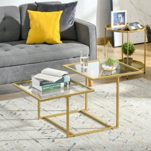 HOMCOM Contemporary Coffee Tables with Double Tempered Glass Tabletops, Golden Side Table with Metal Base Adjustable Foot for Living Room, Bedroom
