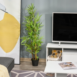Outsunny 4FT Bamboo Silk Artificial Tree Fake Tropical Tree Imitation Leaf Faux Decorative Plant in Nursery Pot for Indoor Outdoor Decor