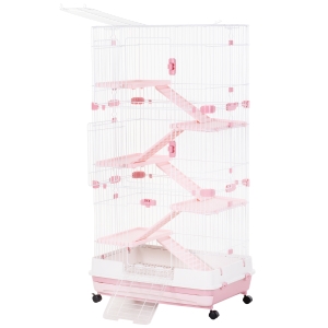 PawHut 6-level Rabbit Cage Indoor Small Animal Hutch - Pink / White