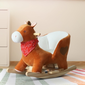 Qaba Kids Plush Rocking Horse Stuffed Animal Rocker Child Ride On Toy with Realistic Sound Red Brown