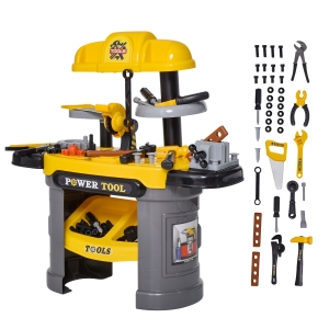 Qaba Play Toy Workbench for Kids, Tools Plus Case & Storage Shelf Playset - Yellow / Grey