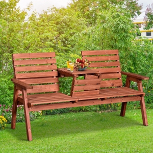 Outsunny 3-Seater Garden Bench Wooden Porch Chair Outdoor Love Seat w/ Convertible Middle Seat Yard Bench Seat with Tea Table Fir Wood