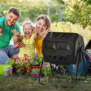Outsunny Tumbling Compost Bin Outdoor Dual Chamber 360° Rotating Composter 43 Gallon w/ Sliding Doors & Solid Steel Frame, Black