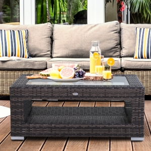 Outsunny 2-Tier Outdoor PE Wicker Coffee Table Patio Rattan End Desk w/Glass Top