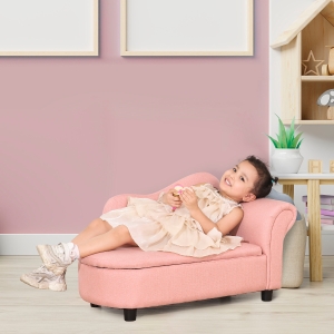 Qaba Kids Sofa, Toddler Couch with Storage Compartment, Children Chaise Lounge, Armrest Chair for Preschool for Kids Room, Kindergarten, Eucalyptus Wood, Pink