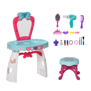Qaba 25 Pcs Kids Vanity Musical Dressing Table Magic Mirror Lights Lake Blue & White