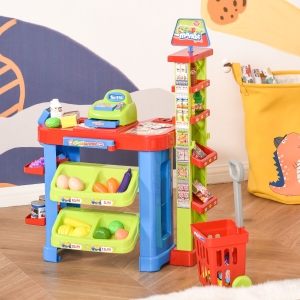 Qaba Kid Supermarket Fun Playset Grocery Store Pretend Play Toy with Shopping Cart Working Scanners Cash Register Accessories Light & Sound Gift for Boys and Girls Age 3-6