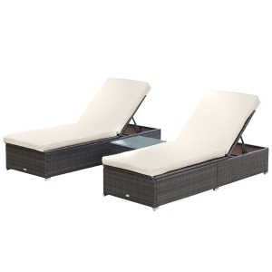 Outsunny Outdoor Lounge Chairs Set of 2 with 5-Level Angles Adjust Backrest, Thick Cushions, & Matching Table, Patio Rattan Furniture Sets for Pool Side, Balcony, Beach, Yard, Brown