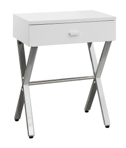 Monarch 22" Modern Storage Drawer Chrome Metal X-Frame Accent Nightstand Side End Table - Glossy White Finish