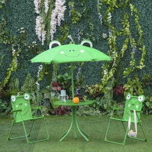 Outsunny Kids Folding Picnic Table and Chair Set Frog Pattern Outdoor Garden Patio Backyard with Removable & Height Adjustable Sun Umbrella Green