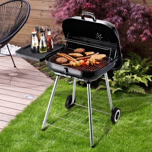 Outsunny 22" Portable Steel Charcoal Grill Outdoor BBQ Picnic Cooking Smoker Free Standing Barbecue Heat Control w/ Wheel & Storage Side Table Black