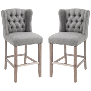 HOMCOM Counter Height Bar Stools Set of 2, Upholstered 26.75" Seat Height Barstools, Breakfast Chairs with Nailhead-Trim & Tufted Back, Wood Legs, Light Grey
