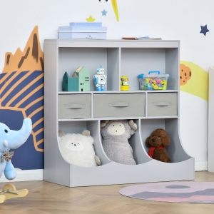HOMCOM Toy Chest Kids Cabinet Freestanding Storage Organizer Children Bookcase Display Shelf Wardrobe for Toys Clothes Books Bedroom with Drawers, Grey