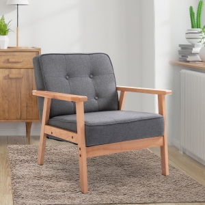 HOMCOM Mid-Century Accent Chair Modern Fabric Upholstered Tufted Back Lounge Sofa Seat - Grey