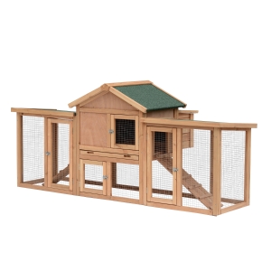 PawHut 80" Wooden Chicken Coop House, Backyard Hen Poultry Cage with Nesting Box, Double Run, Removable Tray and Asphalt Roof