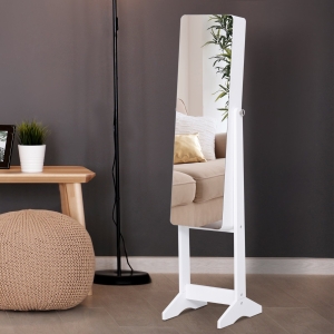 HOMCOM Freestanding Mirrored Jewelry Cabinet Armoire LED Light Jewelry Storage Organizer Angle Adjustable White