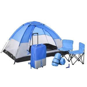 Outsunny Kids Camping Tent with Chairs, Sleeping Bags, Flashlights, Trolley Case, 69" L 53.25" W 37.5" H, Blue/Grey