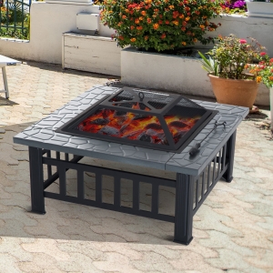 Outsunny 32Inch Square Fire Fit Outdoor Steel Firepit Backyard Patio Garden Stove w/ Rain Cover