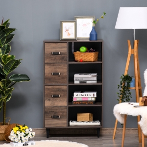 HOMCOM Retro 4-Drawer Dresser Storage Cabinet with 4-Tier Shelves for Living Room & Bedroom