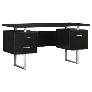 Monarch 60" Contemporary Floating Top Hollow-Core Office Desk with 2 Storage Drawers and File Drawer - Cappuccino / Silver Metal