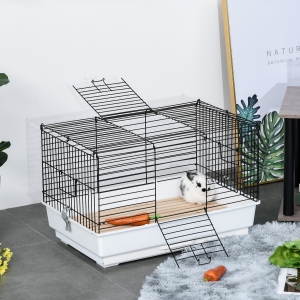 PawHut Small Animal Cage Habitat Pet Play House for Small Rabbit Bunny Guinea Pig Pet Mink Chinchilla with Sliding-out Tray Bottom Wood Board White and Black