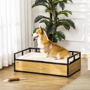 PawHut Elevated Dog Bed, Furniture Style Pet Couch, Soft Modern Puppy Sofa, with Storage Drawer, Washable Cushion, Steel Frame, for Medium Dogs, Oak