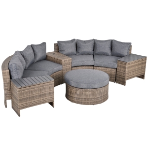 Outsunny 8 Piece Outdoor Rattan Sofa, Half Round Patio Furniture Set with Side Tables, Umbrella Hole, and Cushions, Mixed Kahki and Mixed Gray