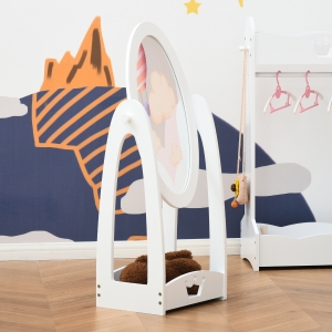 HOMCOM Free Standing Full Length Mirror, Child's Dressing Mirror with storage shelf, Children's White Bedroom Furniture 360° Rotation MDF, For 3- 8 Years Old, 15.75"L x 11.75"W x 41"H