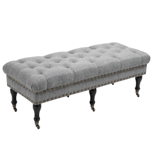 HOMCOM Mobile Upholstered Bench Rolling Button-Tufted Fabric Accent Ottoman with Nailhead Trim & Wheels - Grey