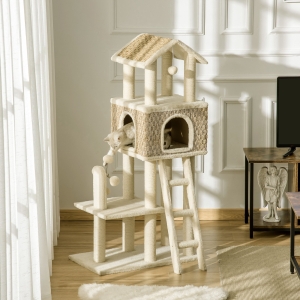 PawHut 52" Huge Cat Tree Kitty Activity Center Cat Climbing Toy Rest Pet Furniture with Sisal Scratching Post Condo Perch Ladder Windmill Toy Hanging Ball Beige