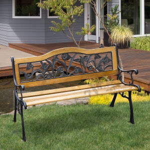 Outsunny 50" 2-Seater Garden Bench Chair, Loveseat for Yard, Lawn, Porch, Patio, Cast Iron and Wooded, Natural
