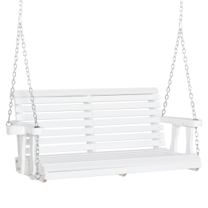 Outsunny 2-Person Outdoor Porch Swing Bench with 2 Built-In Cup Holders, Slatted Design, & Chains Included, White
