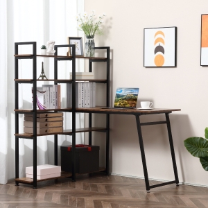 HOMCOM 5 Tier Versatile L-Shaped Computer Desk Writing Table with Display Shelves and Metal Frame, Space-Saving, for Study room Rustic Brown