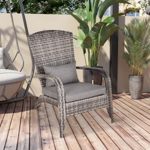 Outsunny Outdoor Classic Rattan Adirondack Deck Chair Armrest Lounge Chair with Cushion Grey