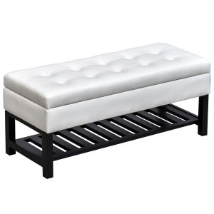 HomCom 44" Tufted Faux Leather Ottoman Storage Bench with Shoe Rack - White
