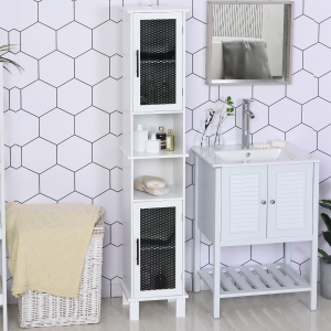 HOMCOM 69.5"H Tall Bathroom Cabinet, Free Standing Tower Cabinet with 2 Doors, Shelves Space Saving Vertical Slim Home Storage Furniture, White