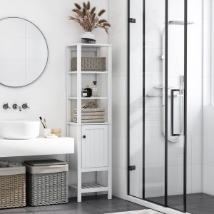 HOMCOM Freestanding Wood Bathroom Storage Tall Cabinet Organizer Tower with Shelves & Compact Design, White