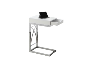 Monarch 25" Contemporary Chrome Metal Base C-Shaped Side Accent Table with Storage Drawer - Glossy White Finish