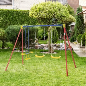 Outsunny Metal Swing Set with 2 Seats Glider A-Frame Stand Adjustable Hanging Rope for Backyard Playground Outdoor Playset for Kid Age 3-8 Years Old 352lbs