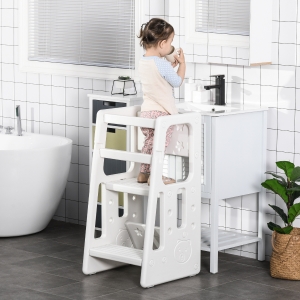 Qaba Kids Step Stool Adjustable Standing Platform Toddler Kitchen Stool -Standing Tower for Kids Kitchen Counter Learning with Three Adjustable Heights, White